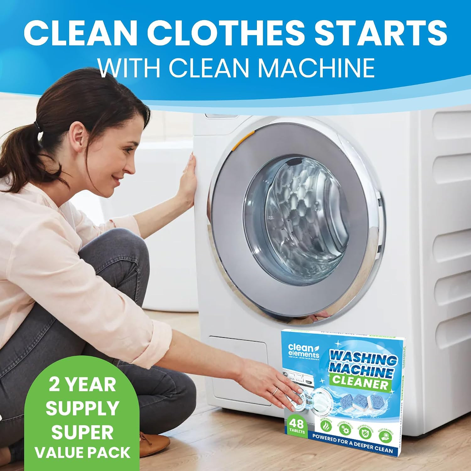 Washing Machine Cleaner Tablets 48 Pack – Deep Cleaning Descaler for HE, Front &