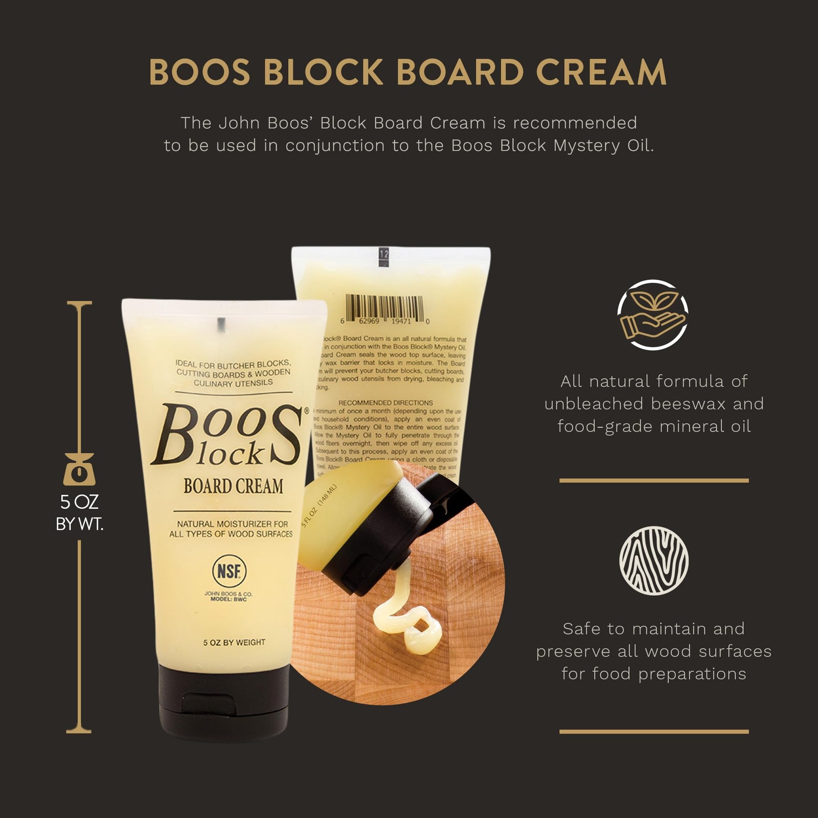 Block All-Natural Board Cream for Butcher Blocks and Cutting Boards, 5 oz – W…