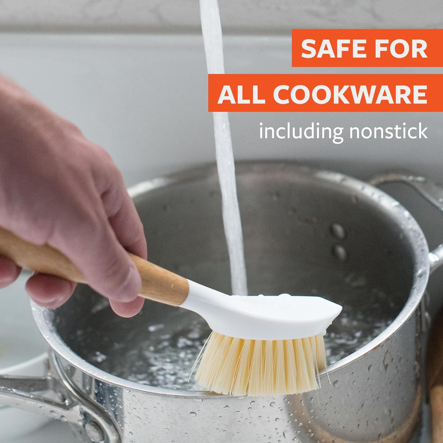 Bamboo Handle Dish Brush Tough Bristles Sustainable Kitchen Scrubber White(70