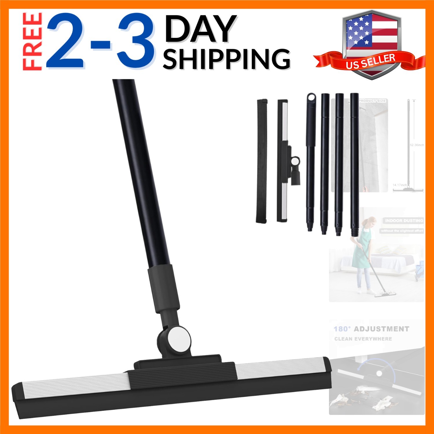 Floor Squeegee Broom – 52″ Long Handle Rubber Scrubber for Bathroom, Tile, Sh…
