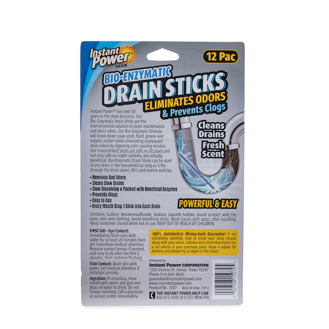 Instant Power Bio-Enzymatic Drain Sticks 12 -Pack 1 Ounce(s) Drain Cleaner Drop-