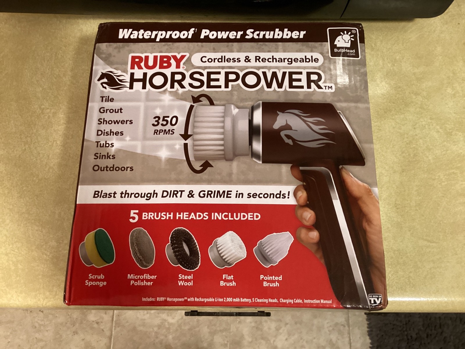 Horsepower Scrubber, Waterproof, Electric Power, Spins 350 RPM, 5 Brush Heads.