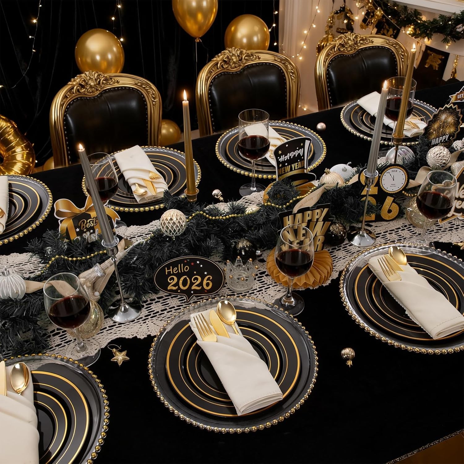 350 Pieces Black and Gold Plastic Plates with Disposable Silverware, Include 5