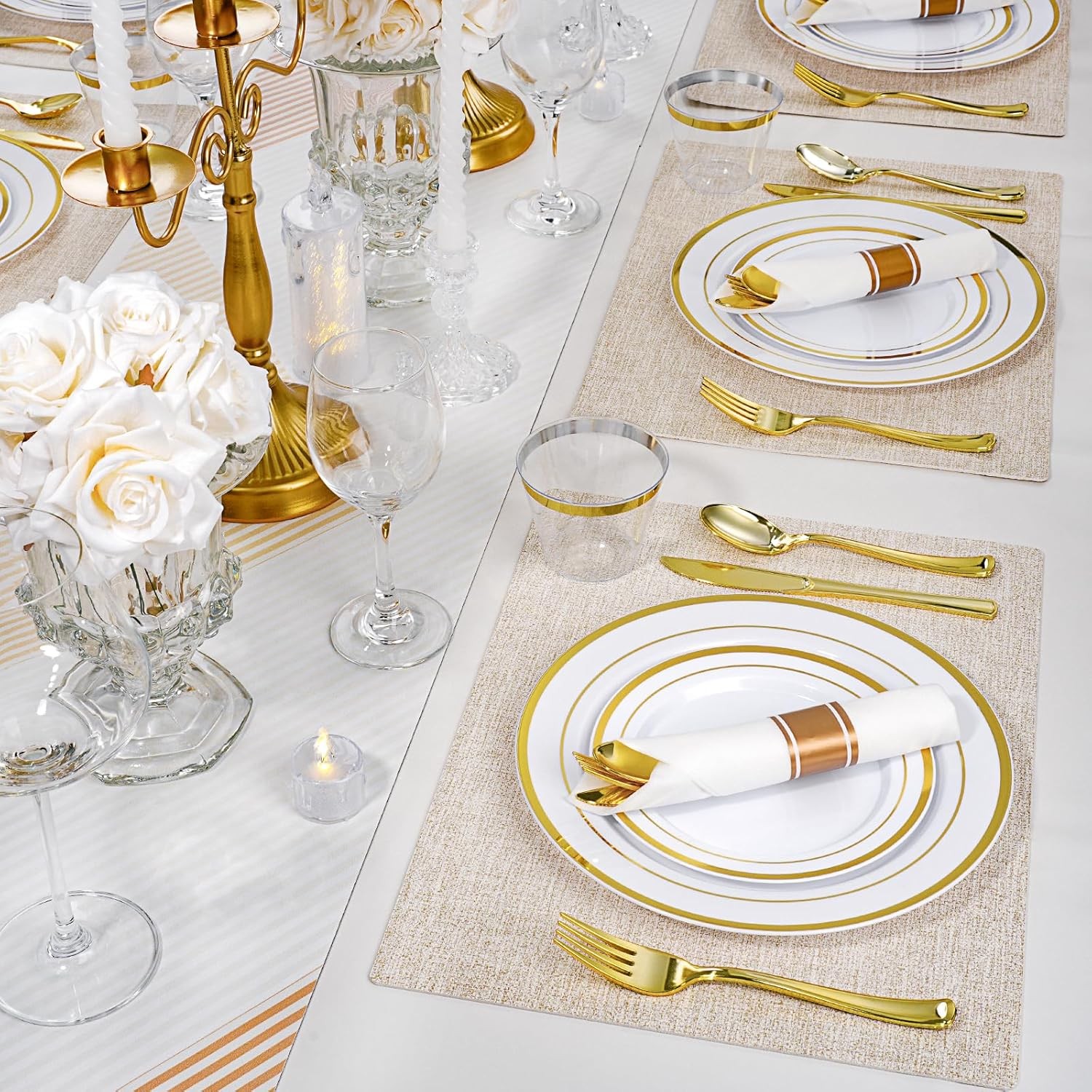 realluck 350 PCS White and Gold Plastic Dinnerware Set for 50 Guests, 100 Disp