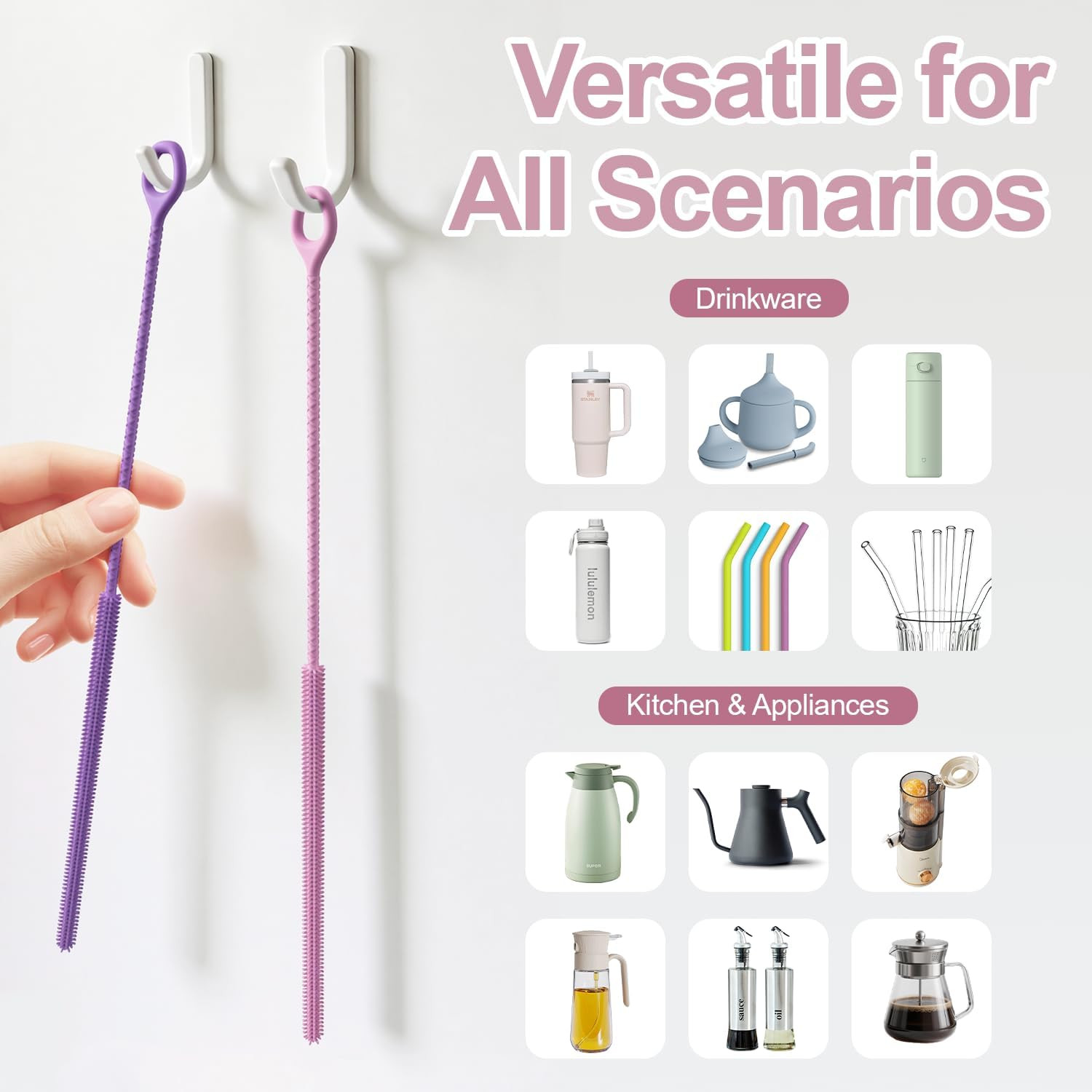 YOTIME Straw Cleaner Brush Extra Long 12.6 Inch, 2Pcs Reusable Silicone Straw Br