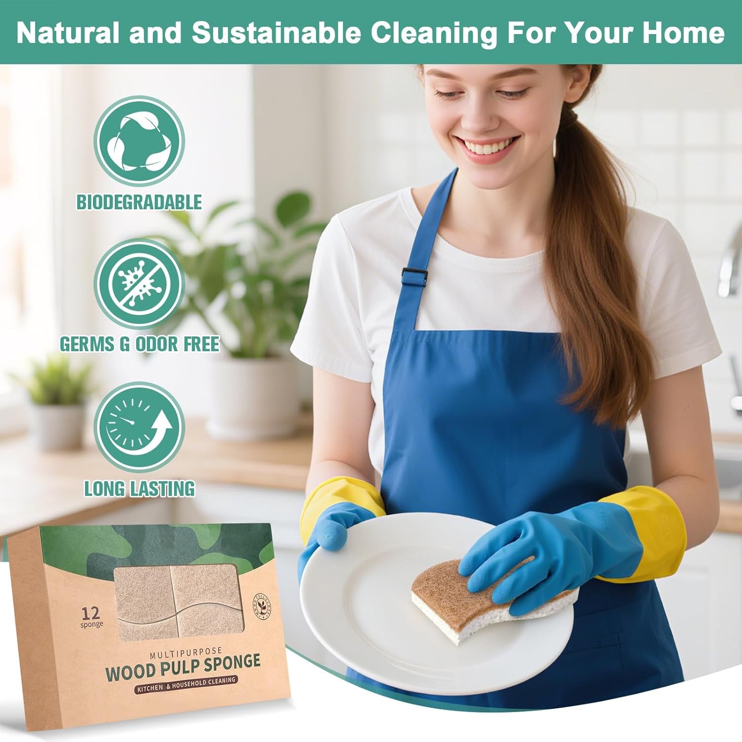 12Pack Natural Kitchen Sponge, Biodegradable Cellulose and Coconut Scrubber, Eco