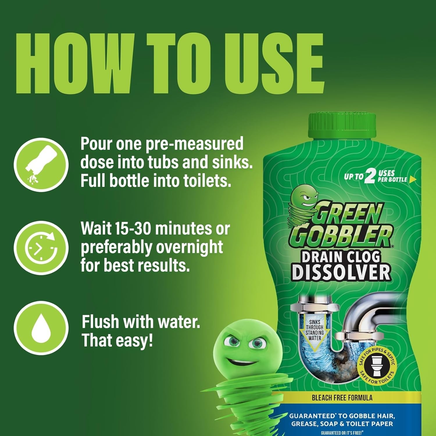 Green Gobbler Drain Clog Dissolver 15.5 Fl Oz 2 Pack Hair Soap Toilet Paper Safe