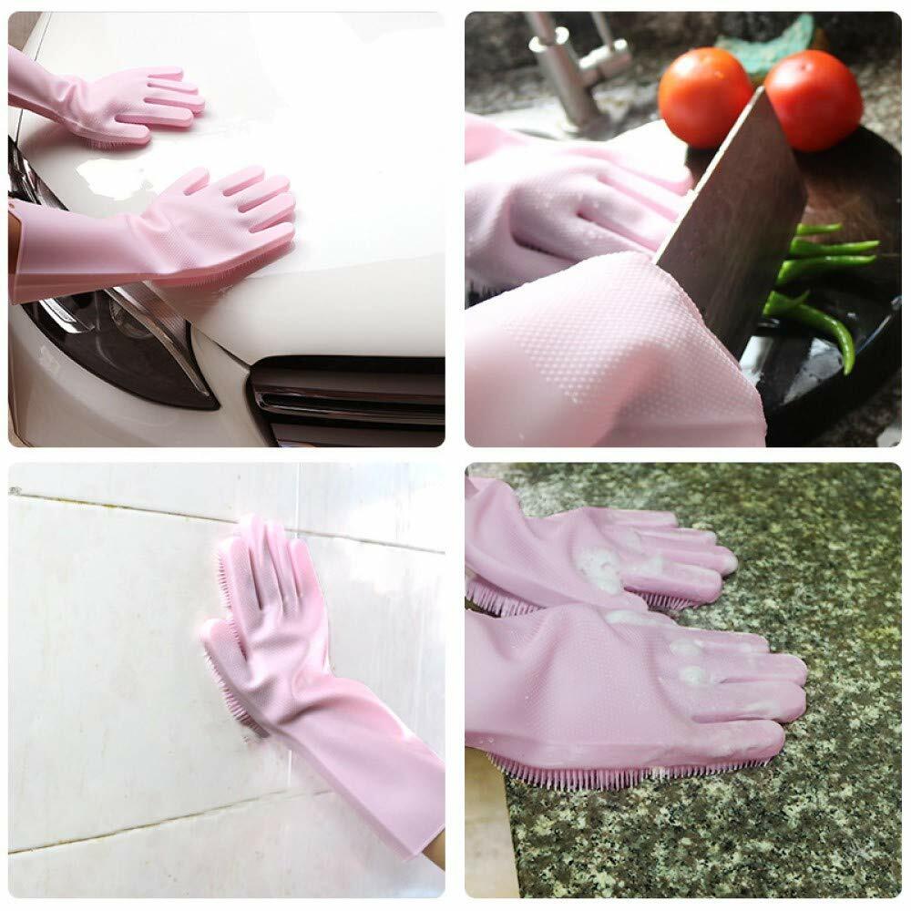 Reusable Silicone Gloves Scrubbing Glove Bristles Scrubber Dishwashing Pink