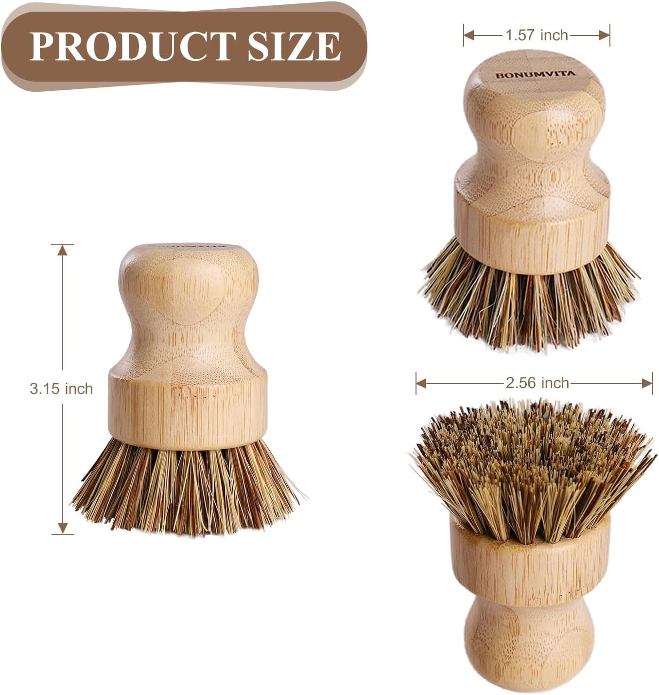 Bamboo Dish Brush Set,4 Pack Kitchen Palm Pot Brush with Union Fiber, Natural