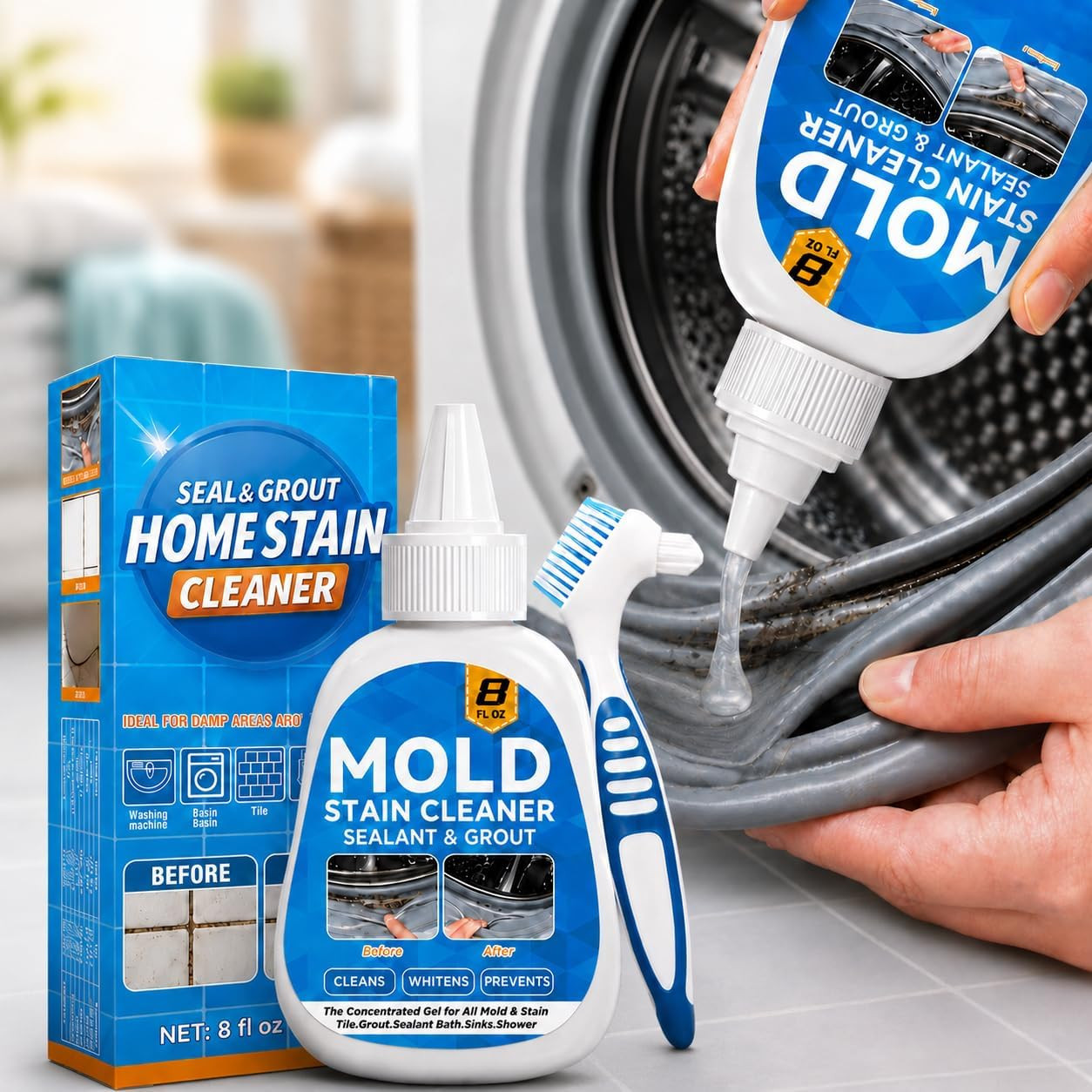 Mold Stain Cleaner Gel, 8 Fl Oz Washing Machine Cleaner with Brush, Mold Cleaner