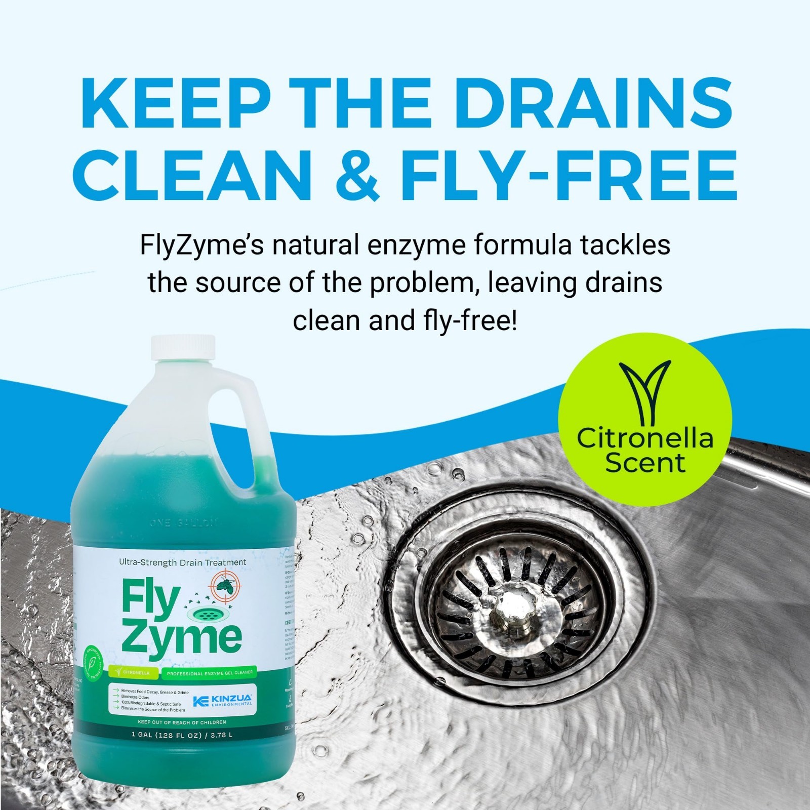Highly Concentrated Enzyme Drain Cleaner – Citronella Scented, 1 Gallon, Organic