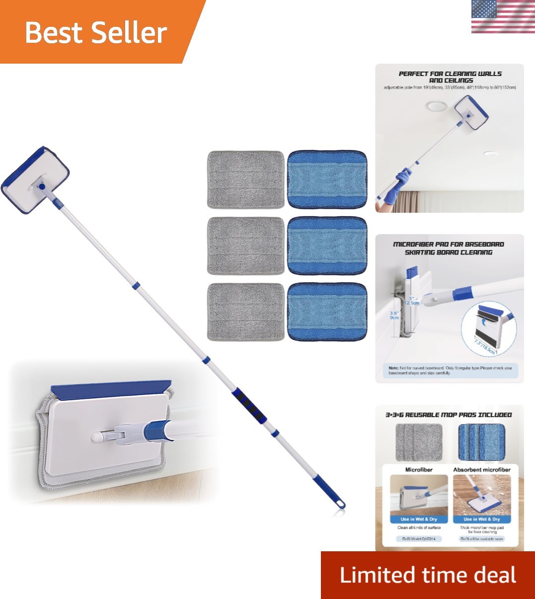 Effortless Baseboard Cleaner Tool with 60″ and 6 Reusable Microfiber Pads