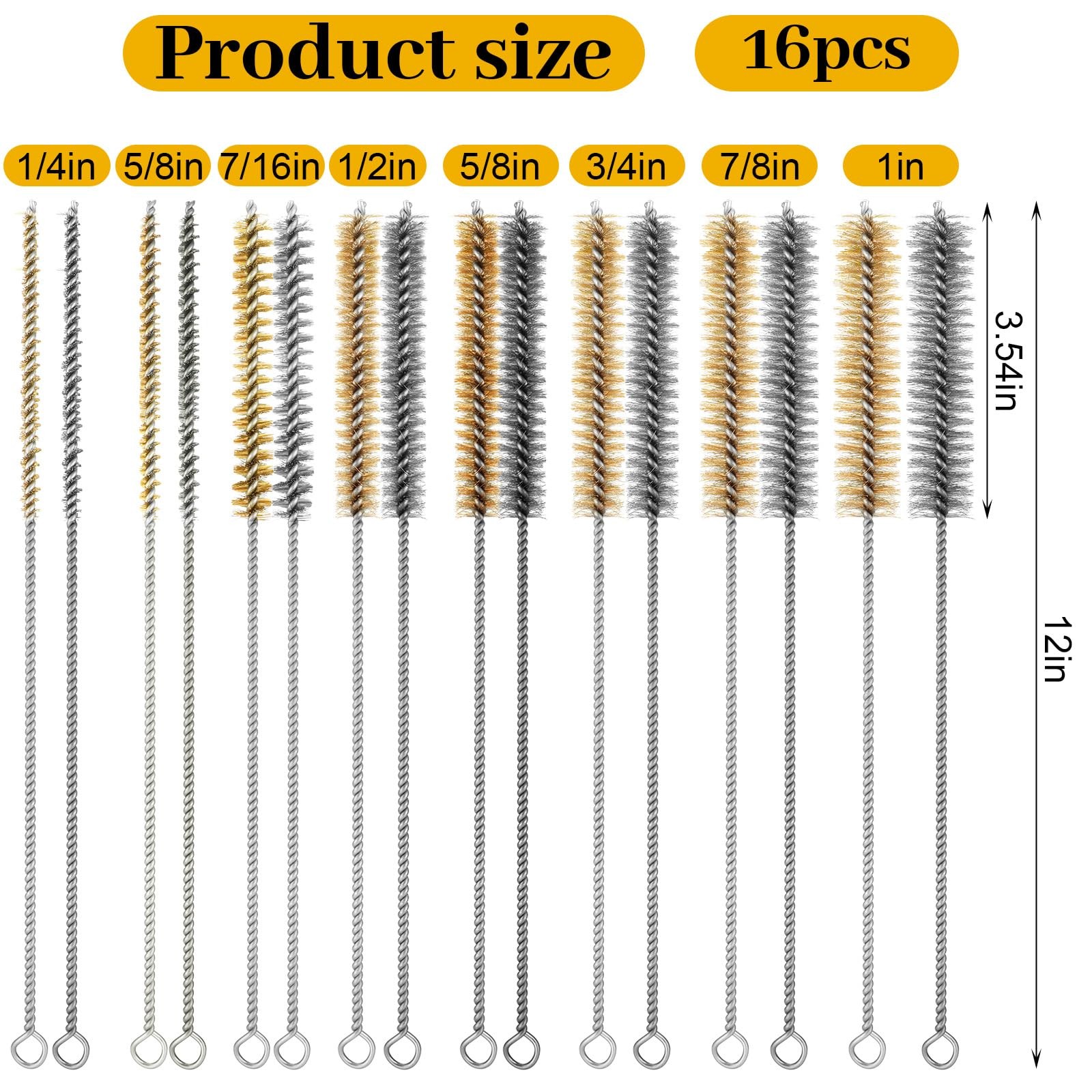 16Pcs Stainless Steel Brass Wire Tube Brushes Set, 12 Inch Long Round Wire Pi…