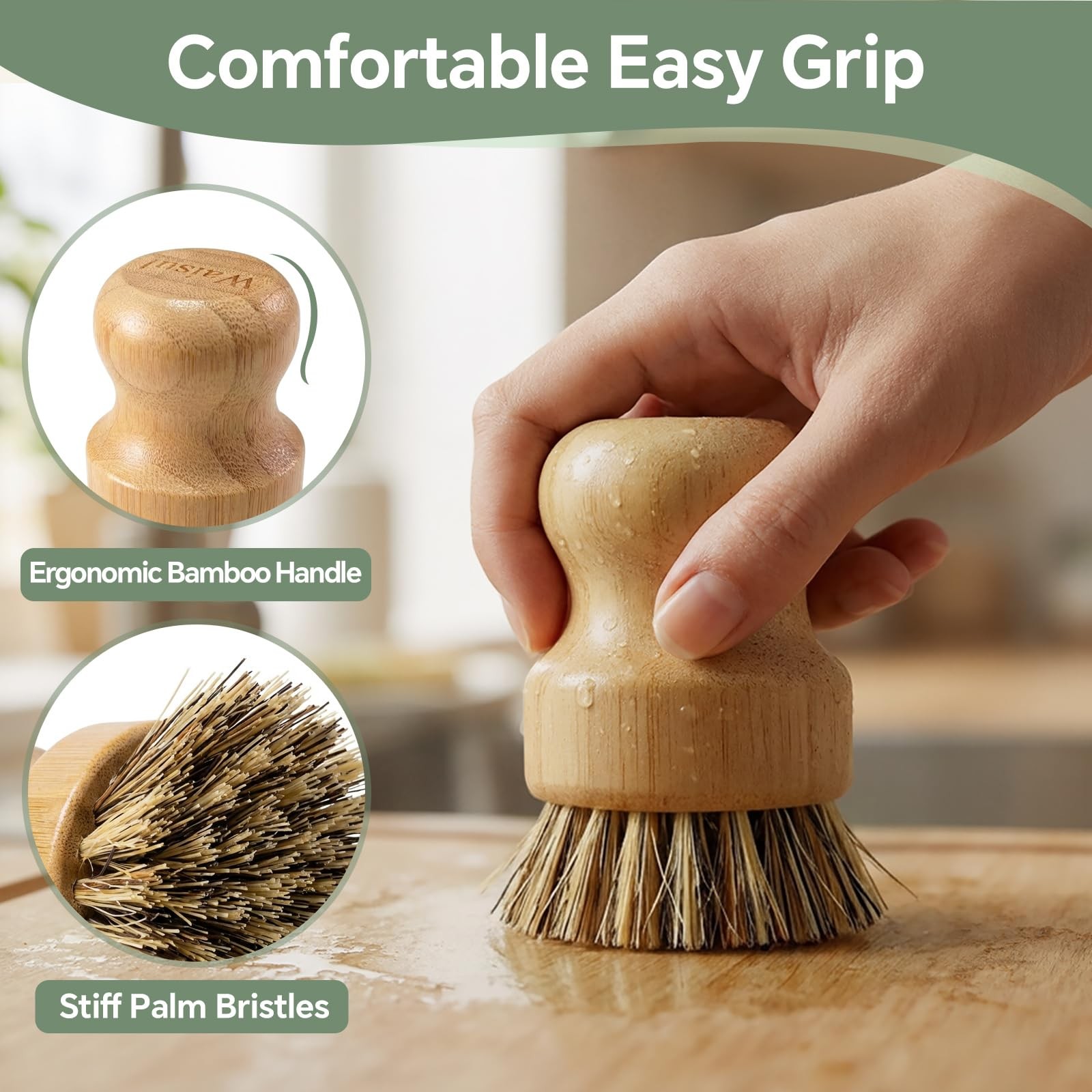 Waisul Bamboo Dish Brush Set, 4 Pack, Plastic-Free (2 Medium Sisal, 2 Firm Co…