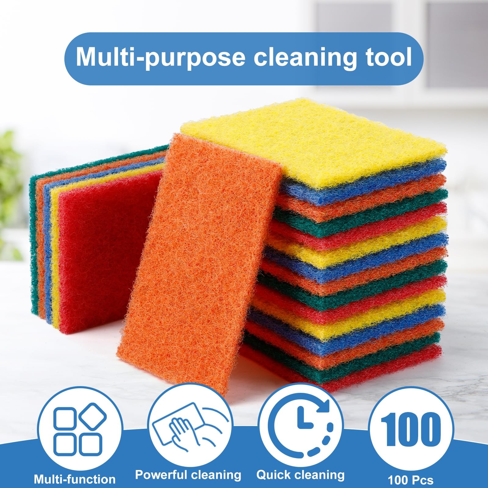 100 Pcs Scouring Pads,Heavy Duty Scour Pads,Dish Scrubber Scouring Pad,Reusab…