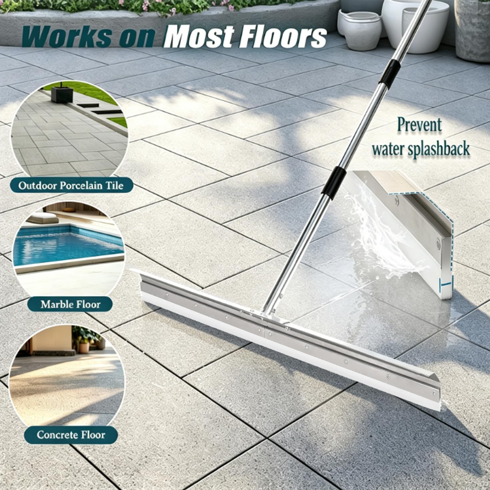 Large Floor Squeegee 33.4 Inch Silicone Blade 63 Inch Handle For Garage