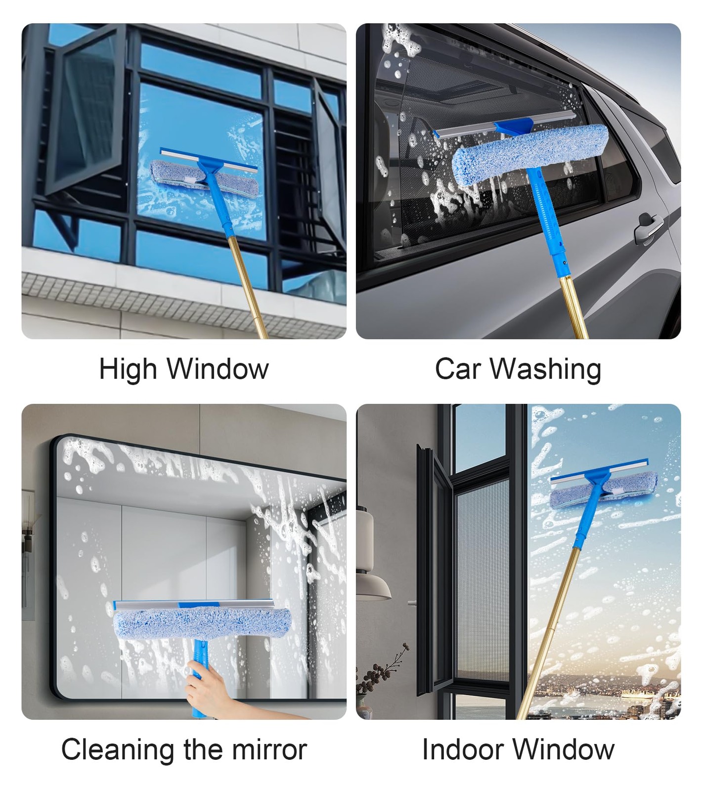 2 in 1 Window Squeegee Cleaning Kit with Aluminum Alloy Extension Poles Scrubber