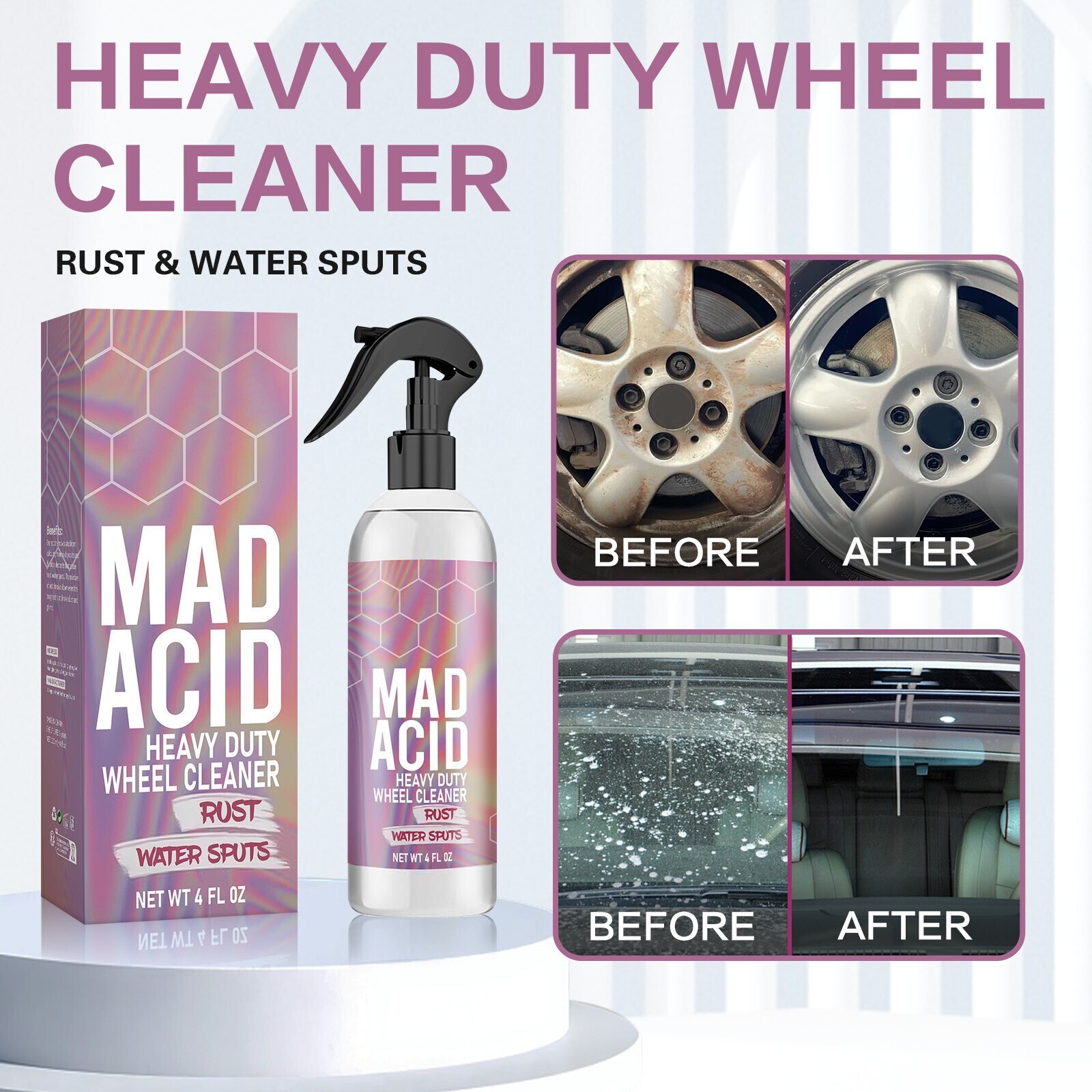 1-3x Mad Acid – Car Glass Cleaner&Heavy-Duty Wheel Cleaner Waterproof NEW 4oz US