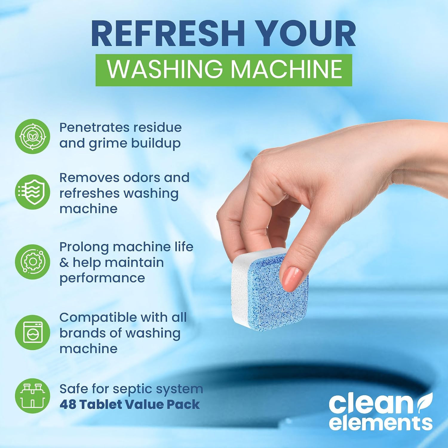 Washing Machine Cleaner Tablets 48 Pack – Deep Cleaning Descaler for HE, Front &