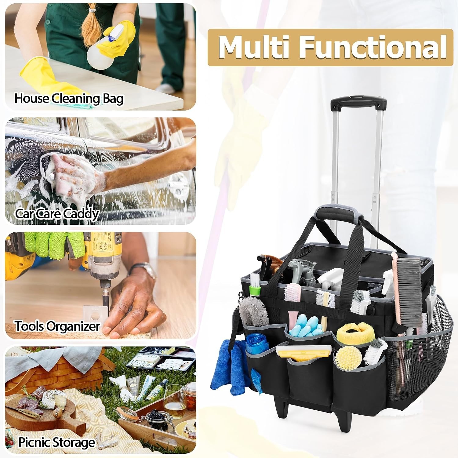 Elegant Large Cleaning Caddy with Detachable Trolley & 4 Carrying Methods