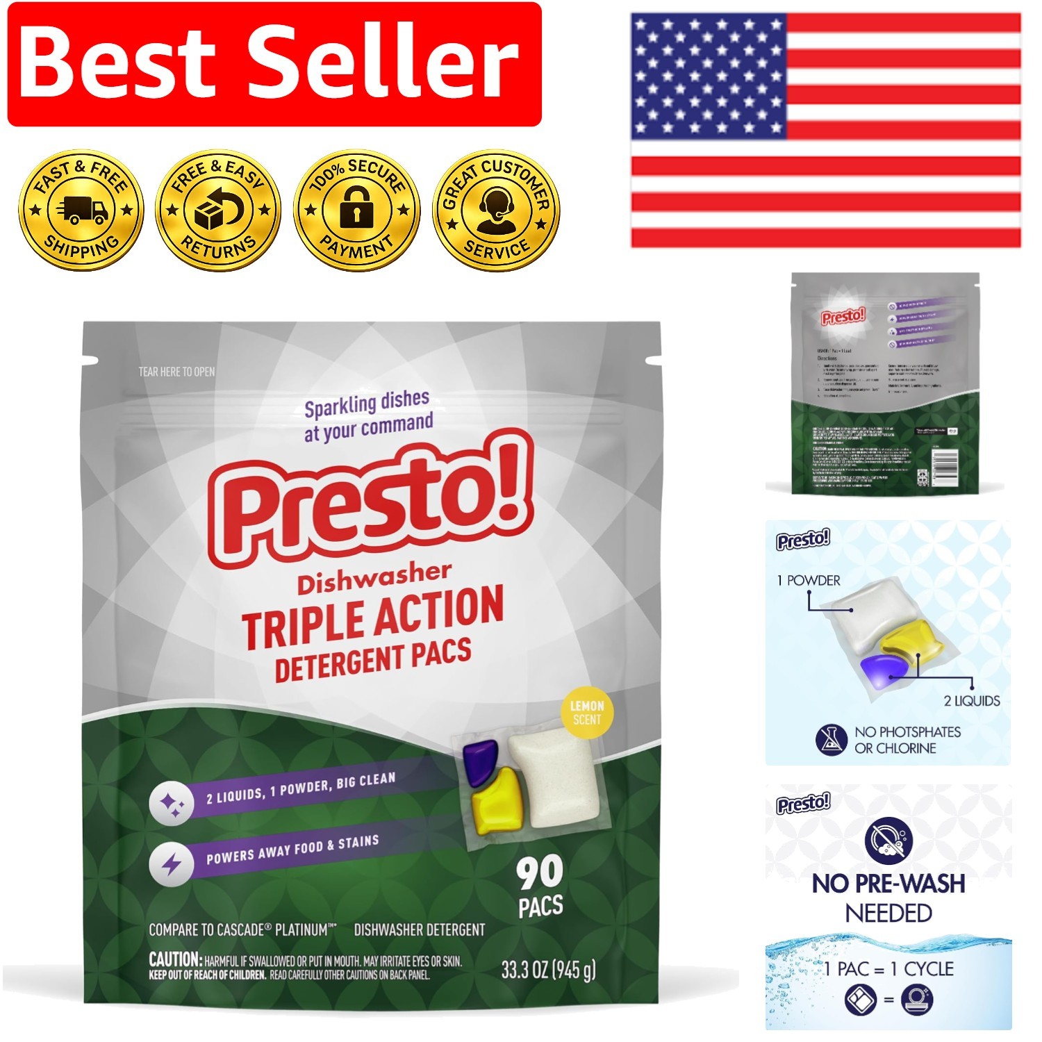 Presto Triple Action Dishwasher Pacs Lemon Scent 90 Count Fresh Scent Power