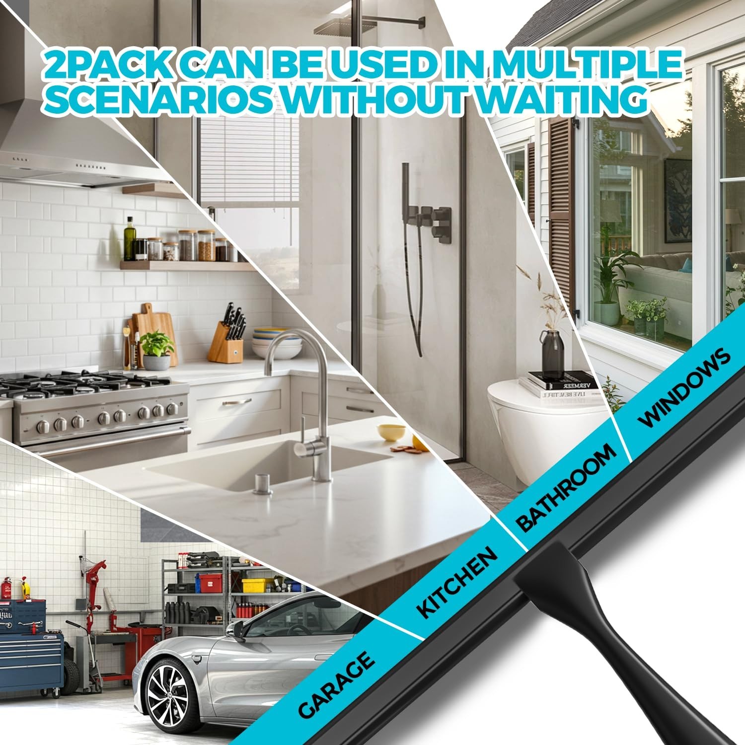 2-Pack 10″ Black Shower Squeegee Set for Glass, Tile, Bathroom, Windows & Mirror