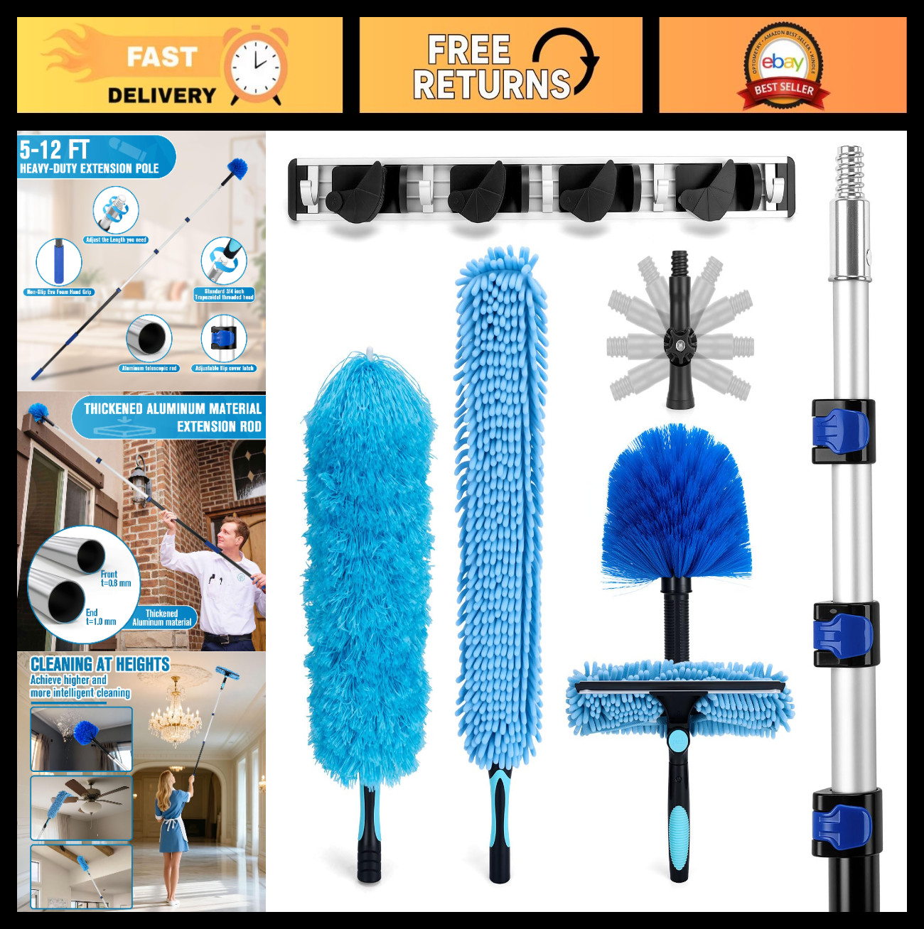 20Ft High Reach Ceiling Fan Duster Kit, Reusable Cobweb Cleaner & Extension Pole