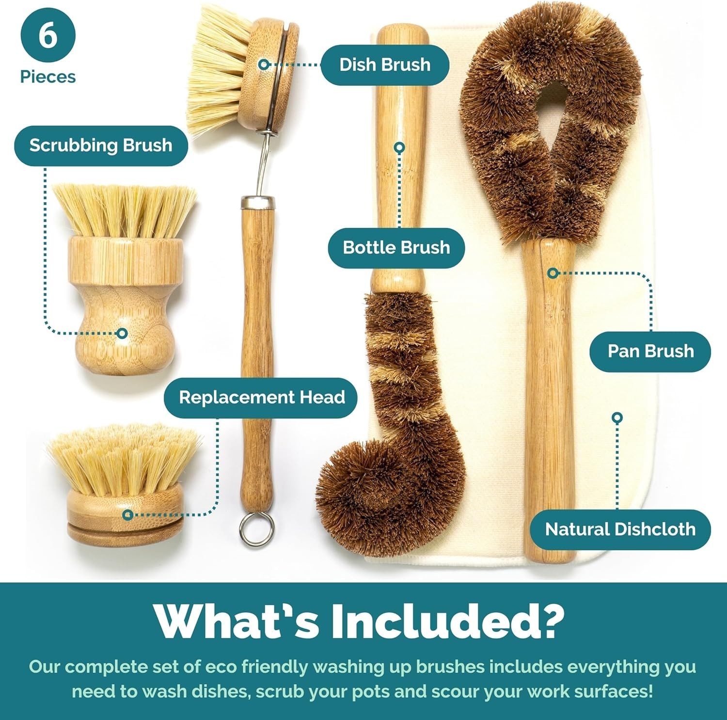 Natural Bamboo and Coconut Dish Brush Set – 6 Versatile Kitchen Cleaning Tools