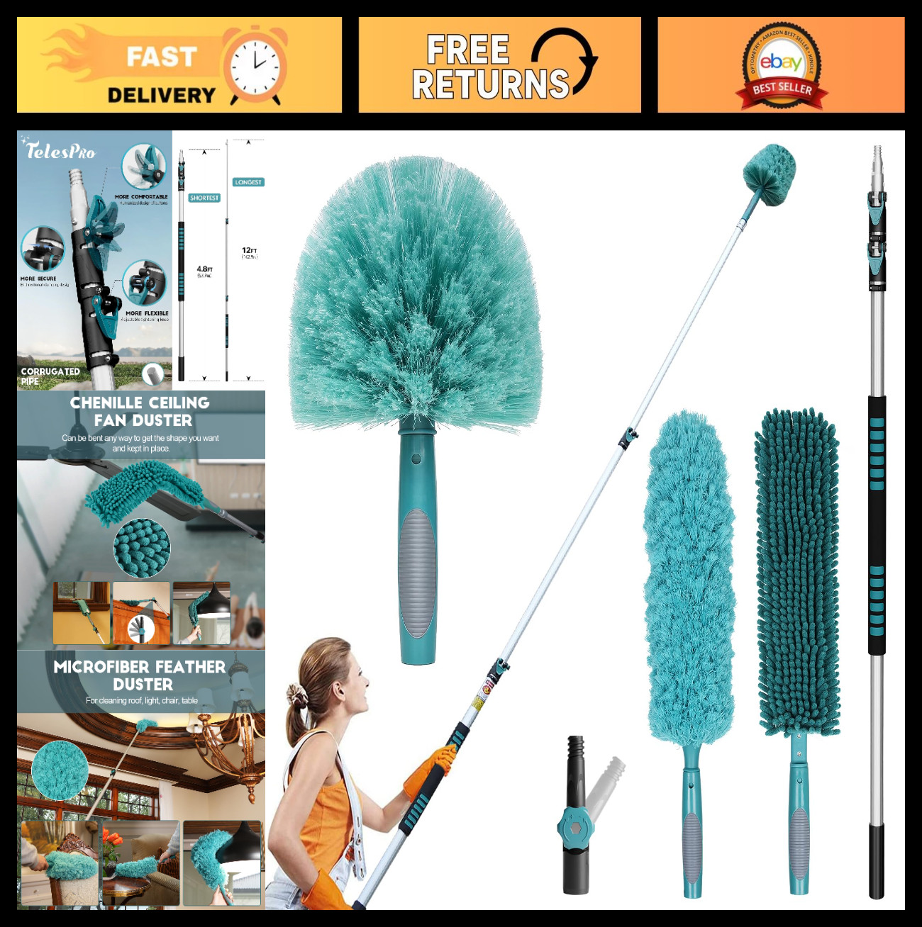 20FT High-Reach Duster Kit – Extendable Pole, Cobweb & Ceiling Fan Cleaners, Mic
