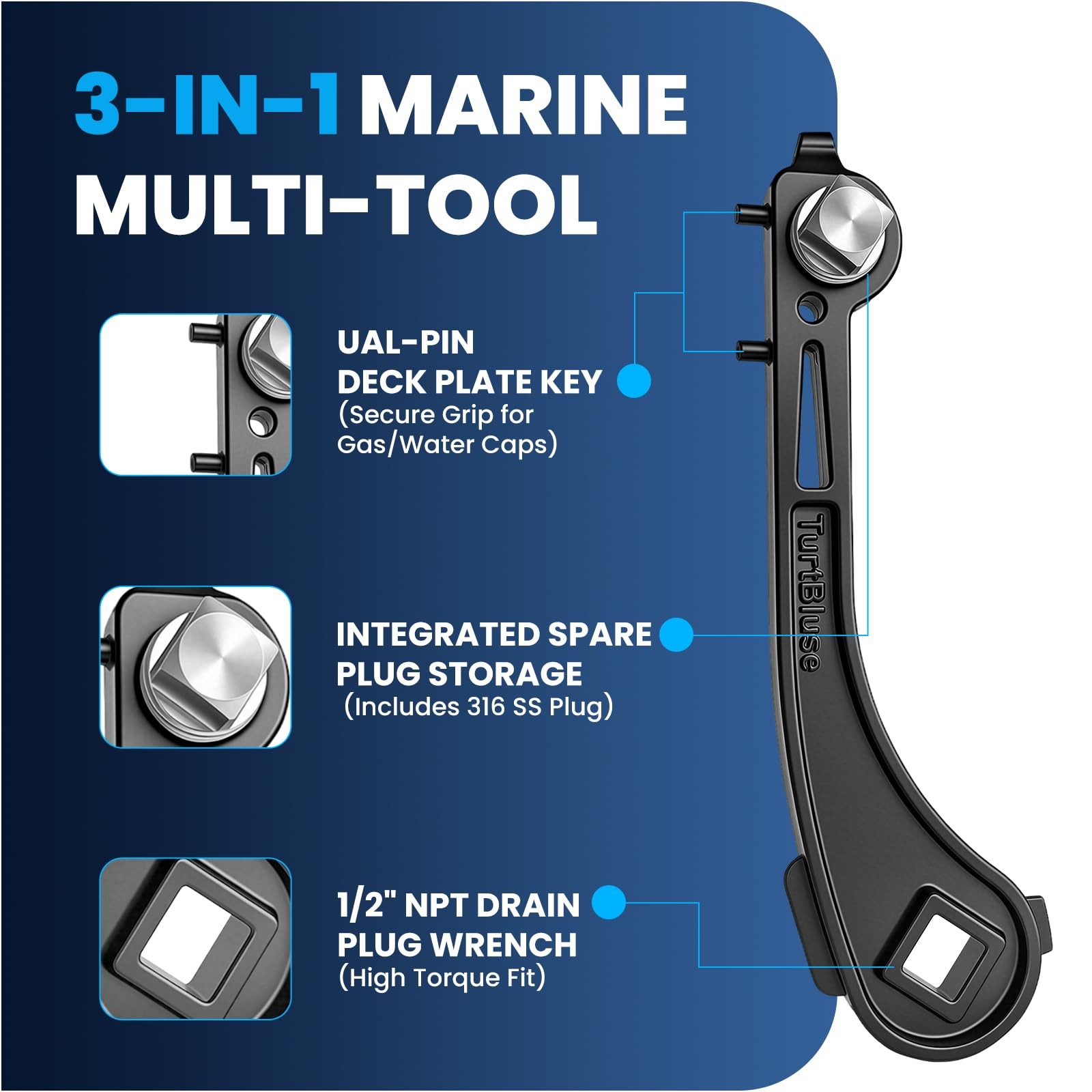 3in1 Boat Drain Plug Wrench 316 Stainless Steel Fits 1/2 Inch NPT Tool
