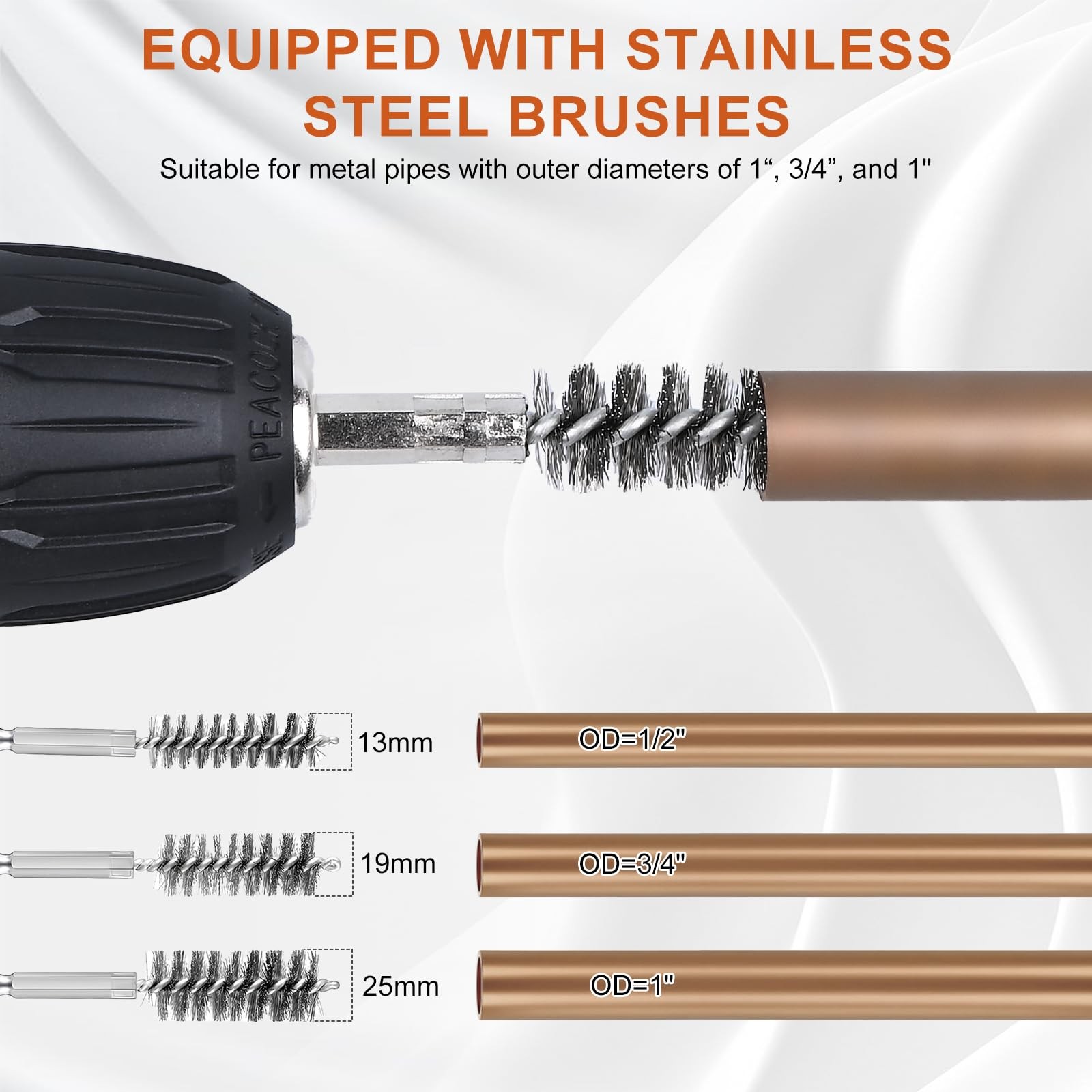 1/2″ & 3/4″ & 1″ Metal Copper Pipe Cleaner for Drill, with 1/4″ Hex Shank & 6…