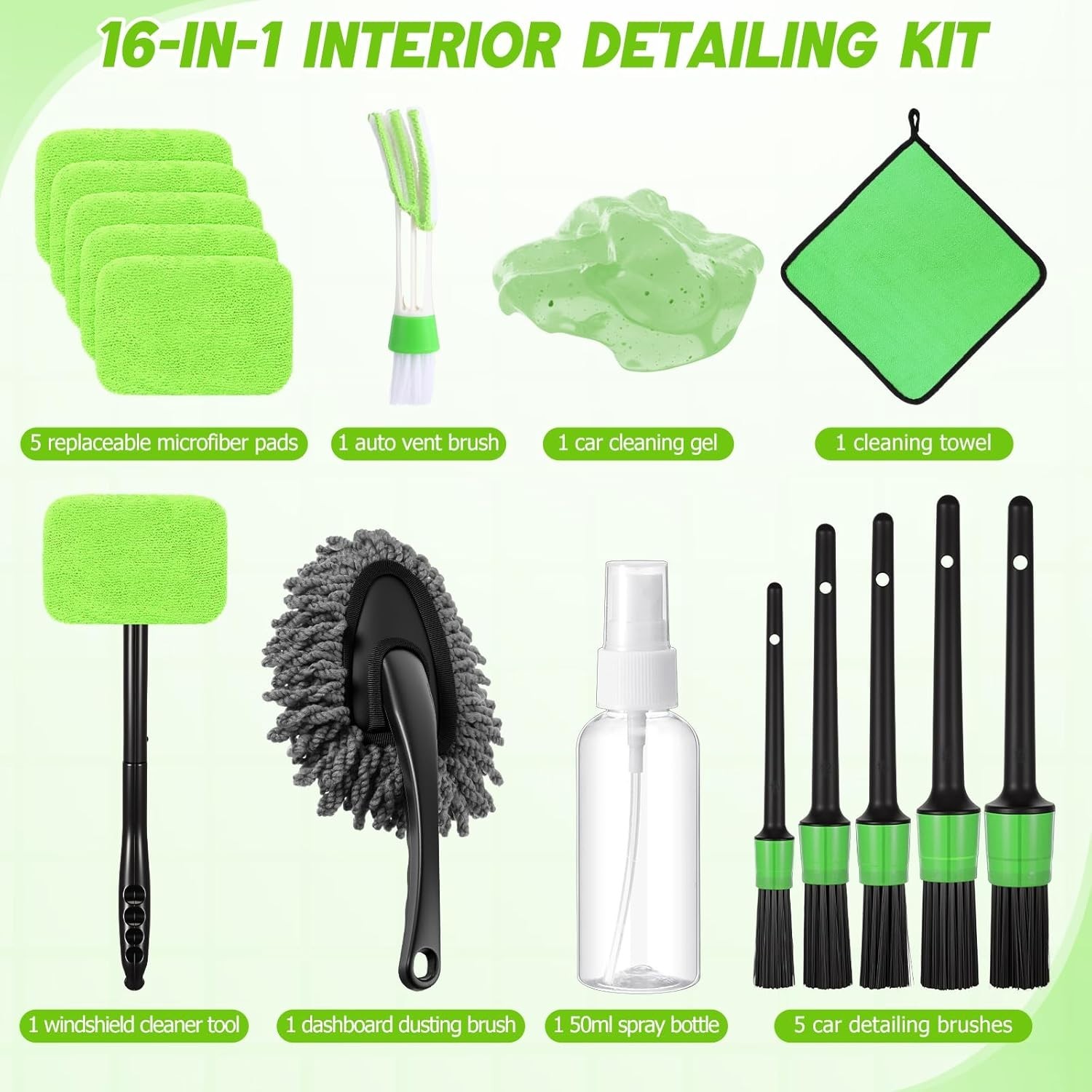 16PCS Car Windshield Cleaner Kit Detailing Brushes Gel Spray Bottle (Green)