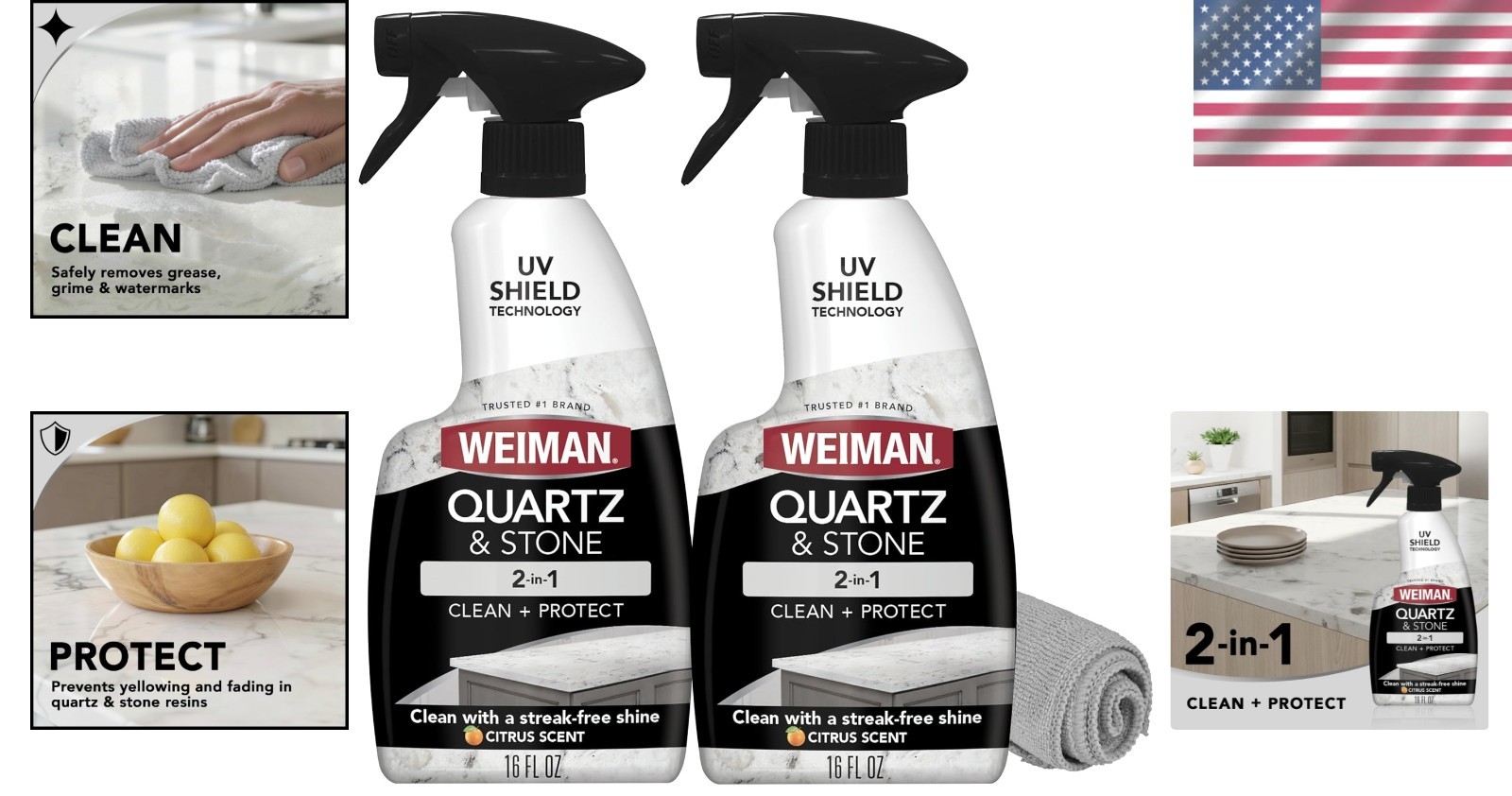 Quartz Countertop Cleaner 2-Pack with Microfiber Towel – Citrus Fresh Shine
