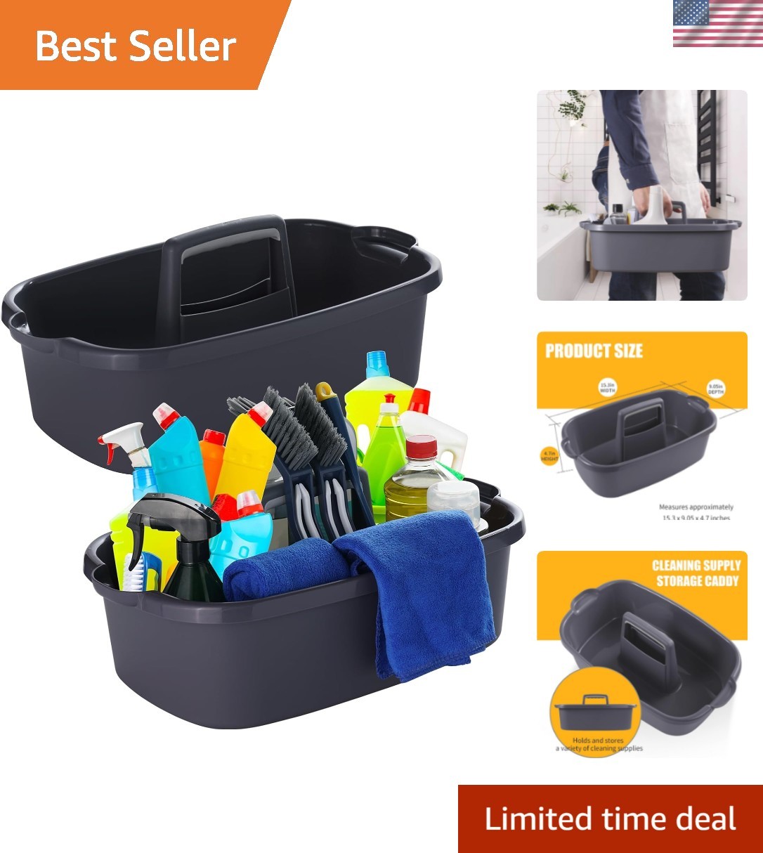 2-Pack Large Gray Cleaning Caddy for Cleaning Supplies with Handle – Portable…