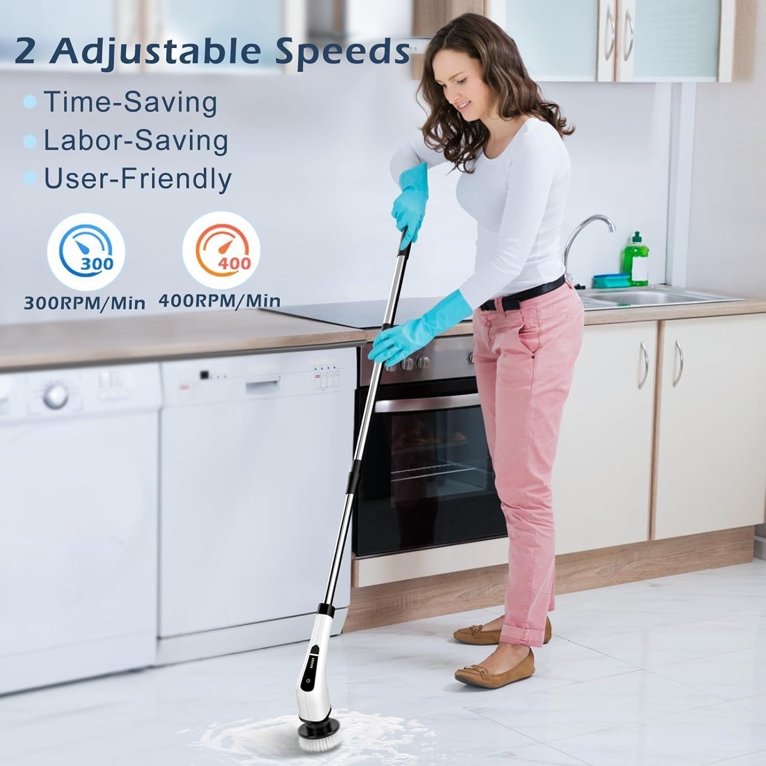 Limpiador eléctrico giratorio con mango ajustable y 8 cepillos para baño, Nuevo