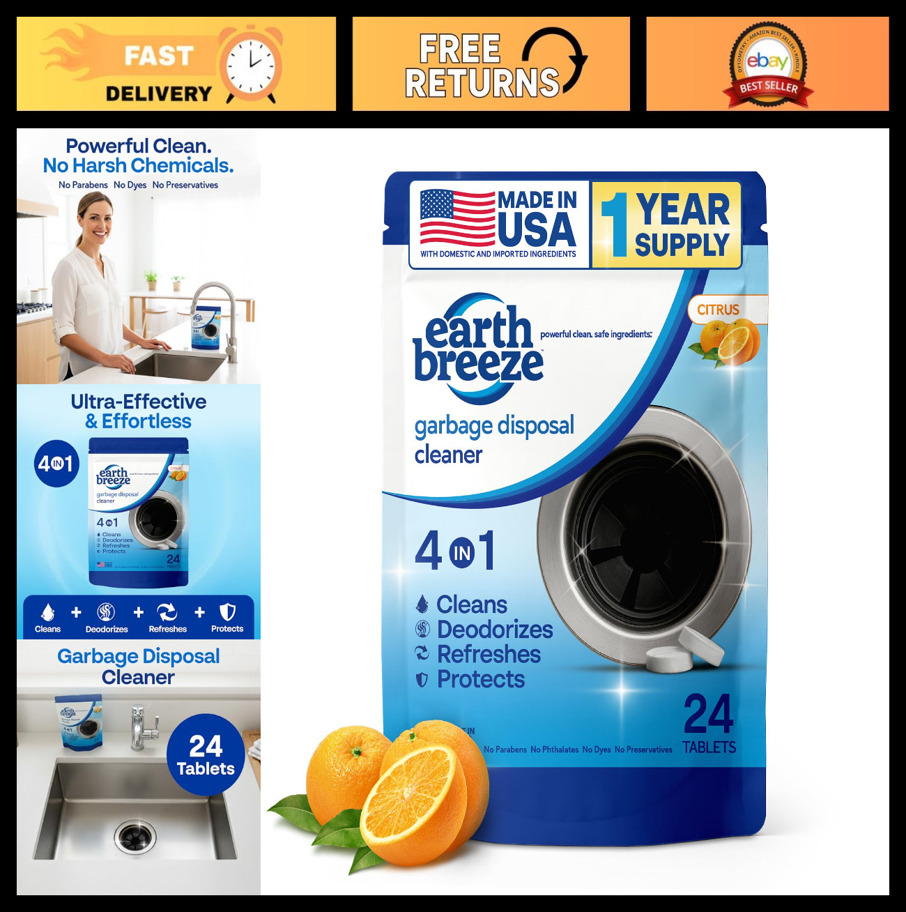 4-in-1 Citrus Garbage Disposal Cleaner Tablets – Clean, Deodorize, Refresh & Pro