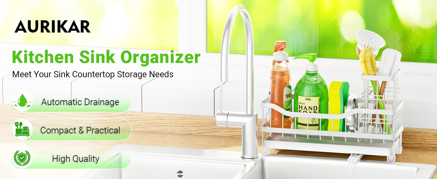 Sponge Holder for Kitchen Sink, Rustproof Sink Caddy Organizer with Dish Brush