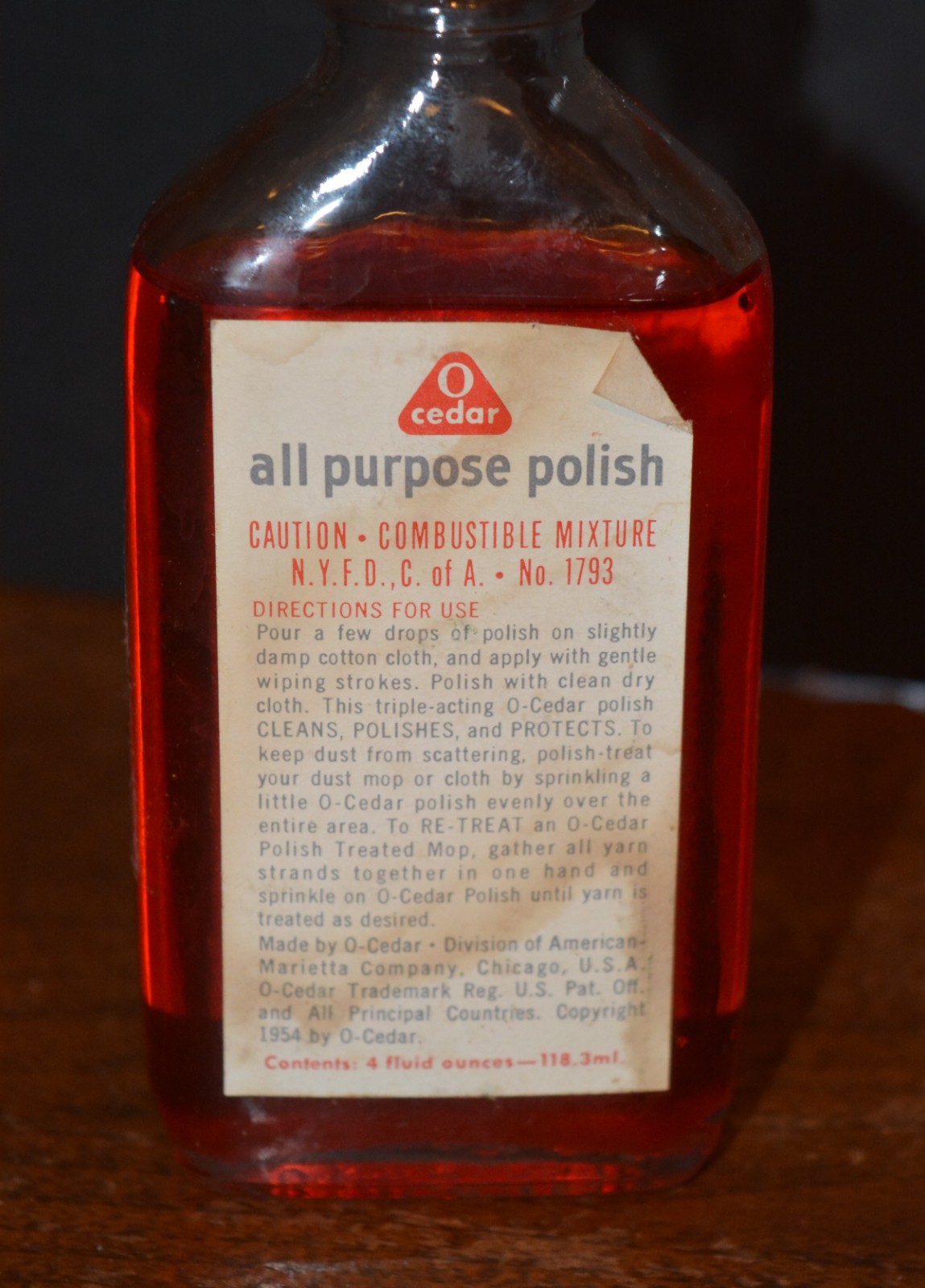 VTG O-CEDAR All Purpose Polish Floor & Woodwork OIL FULL 4 oz.