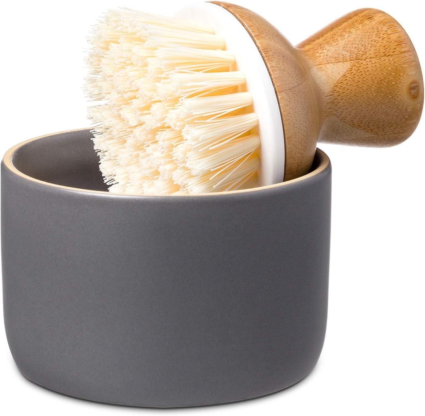 Ceramic Soap Dispenser and Bamboo Handle Dish Brush Set for Kitchen Cleaning