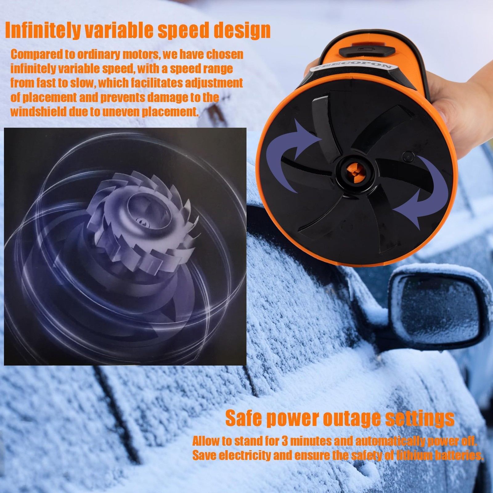 3in1 Electric Ice Scraper Cordless Defroster 500 RPM 2000mAh Battery