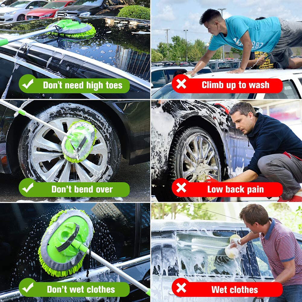 45″ Aluminum Alloy Long Handle 2 n 1 Chenille Microfiber Car Wash Brush Mop Mitt