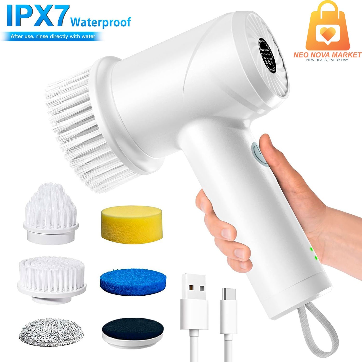 Electric Spin Scrubber Waterproof with 6 Heads 2 Speed Settings Cordless Shower