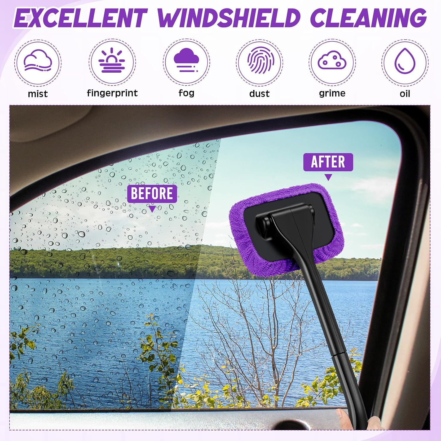 Foldtier 8 Pcs Car Windshield Cleaner Tool Kit with Removable Handle, Microfiber