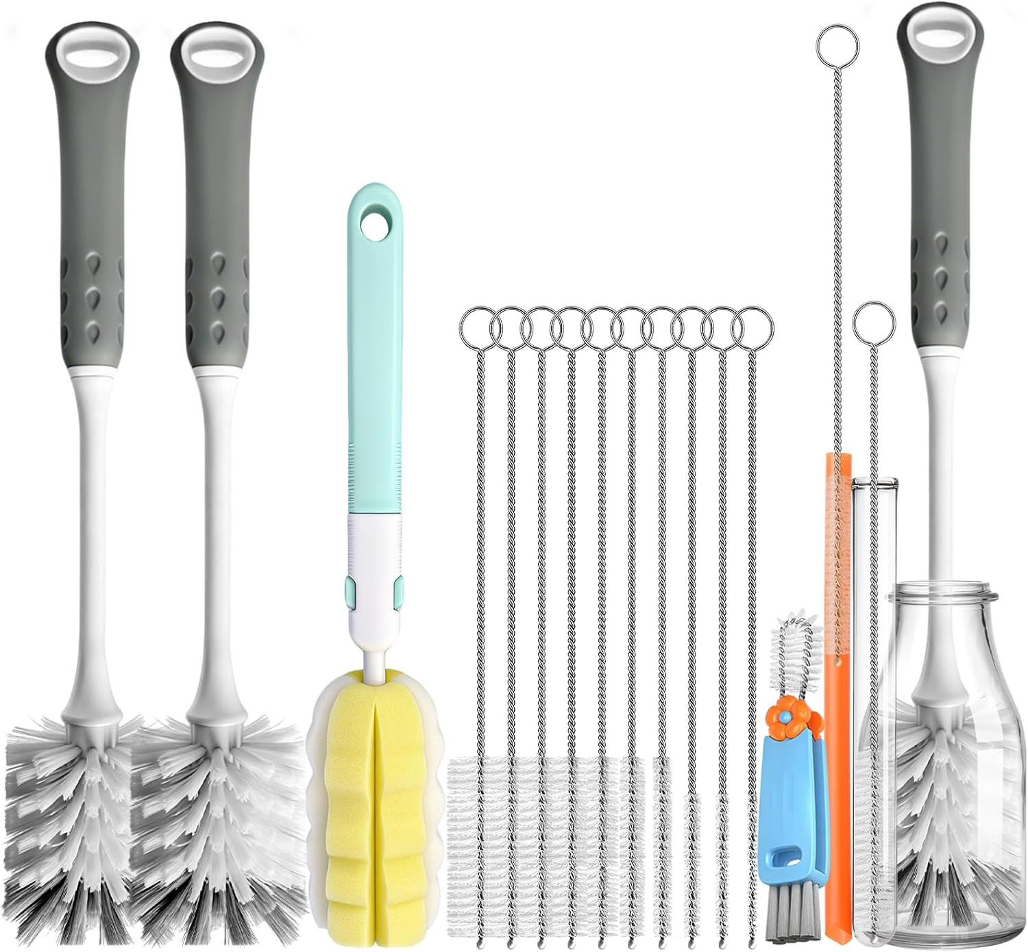 14Pcs Bottle Brush Cleaner Set, Long Handle Bottle Brushes, Sponge Brushes, 3-In