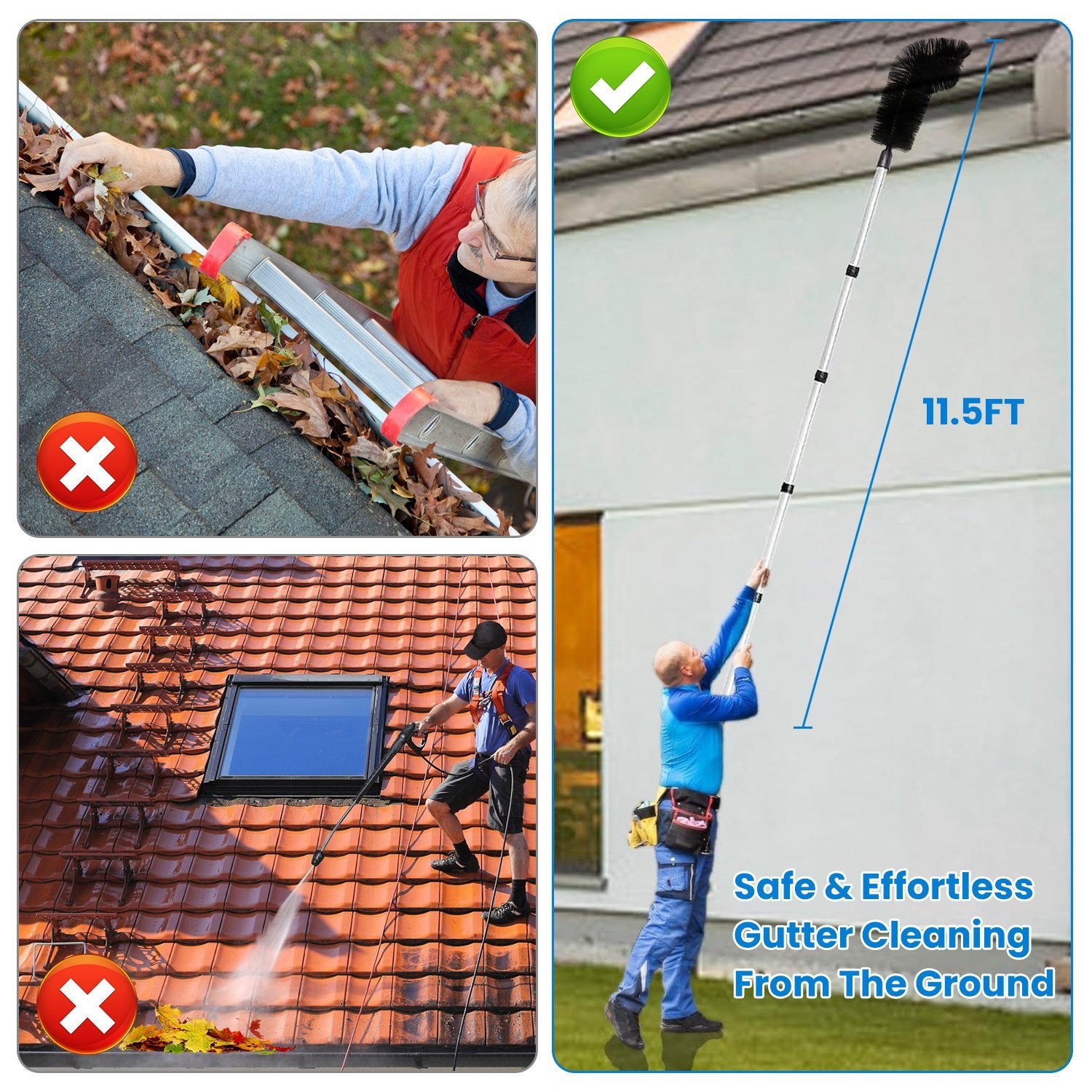 10.5FT Gutter Cleaner Tool From Ground Telescoping Pole Brush Extendable Wandset
