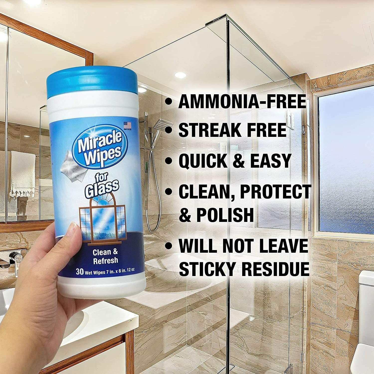 Miracle Brand PREMIUM Glass Windows Windshield Cleaner Streak-Free Shine 60 Wipe