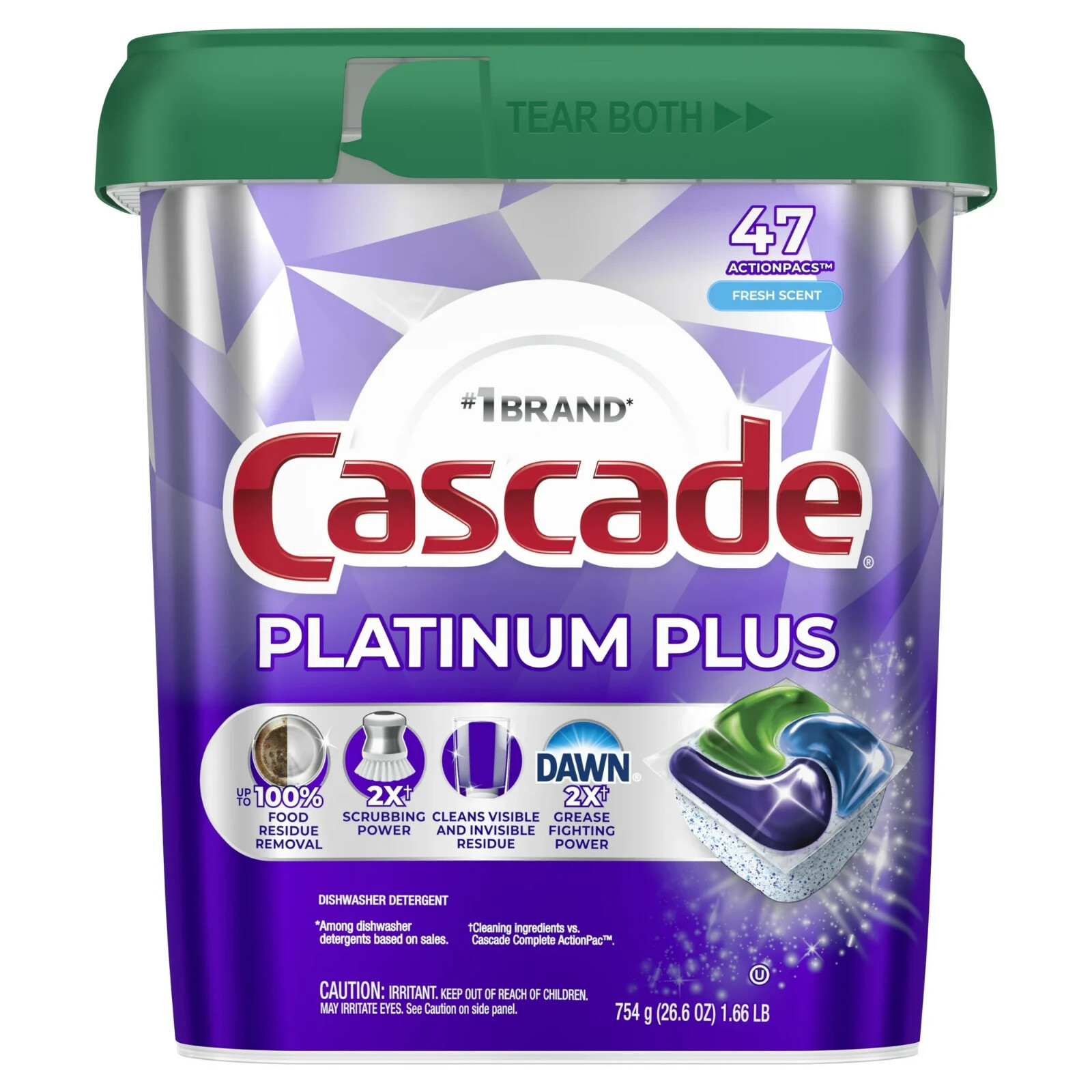 2 Pack Cascade Platinum Plus Dishwasher Pods, Detergent Tabs, Fresh, 47 Ct