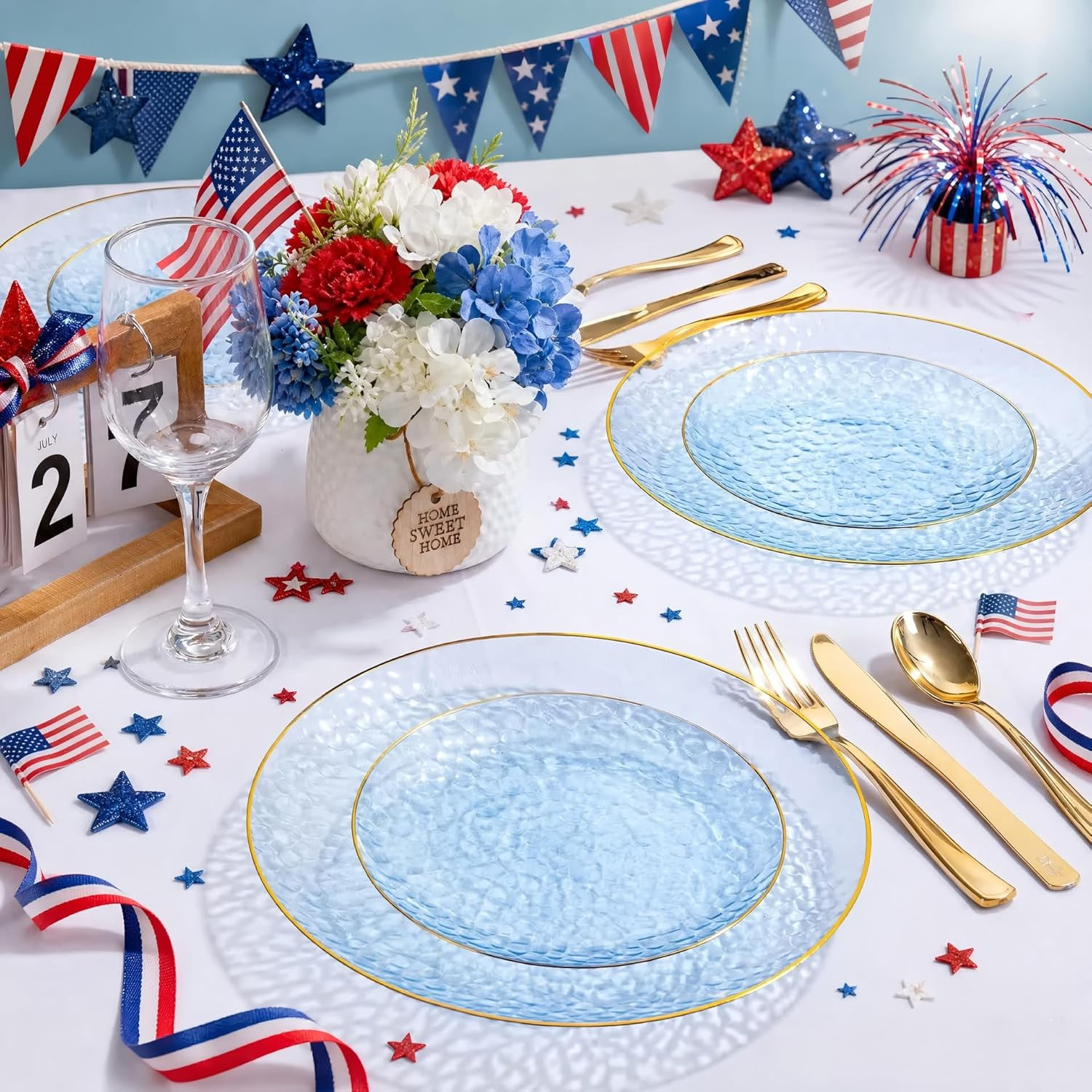 175PCS Clear Blue Gold Plastic Dinnerware Set for 25 Guests, Hammered Disposable