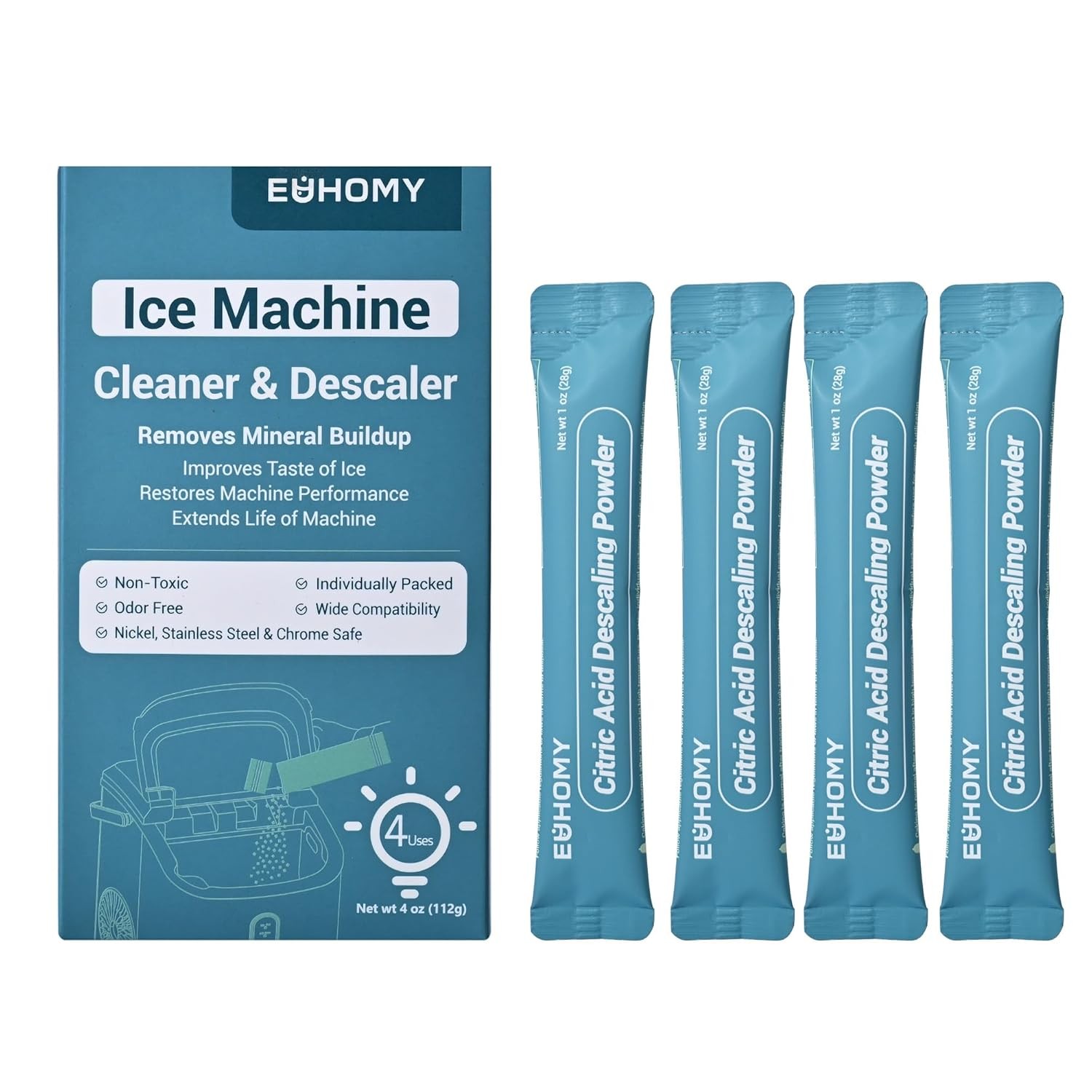 Ice Maker Cleaner & Descaler – 4 Single-Use Packs Organic Citric Acid Powder