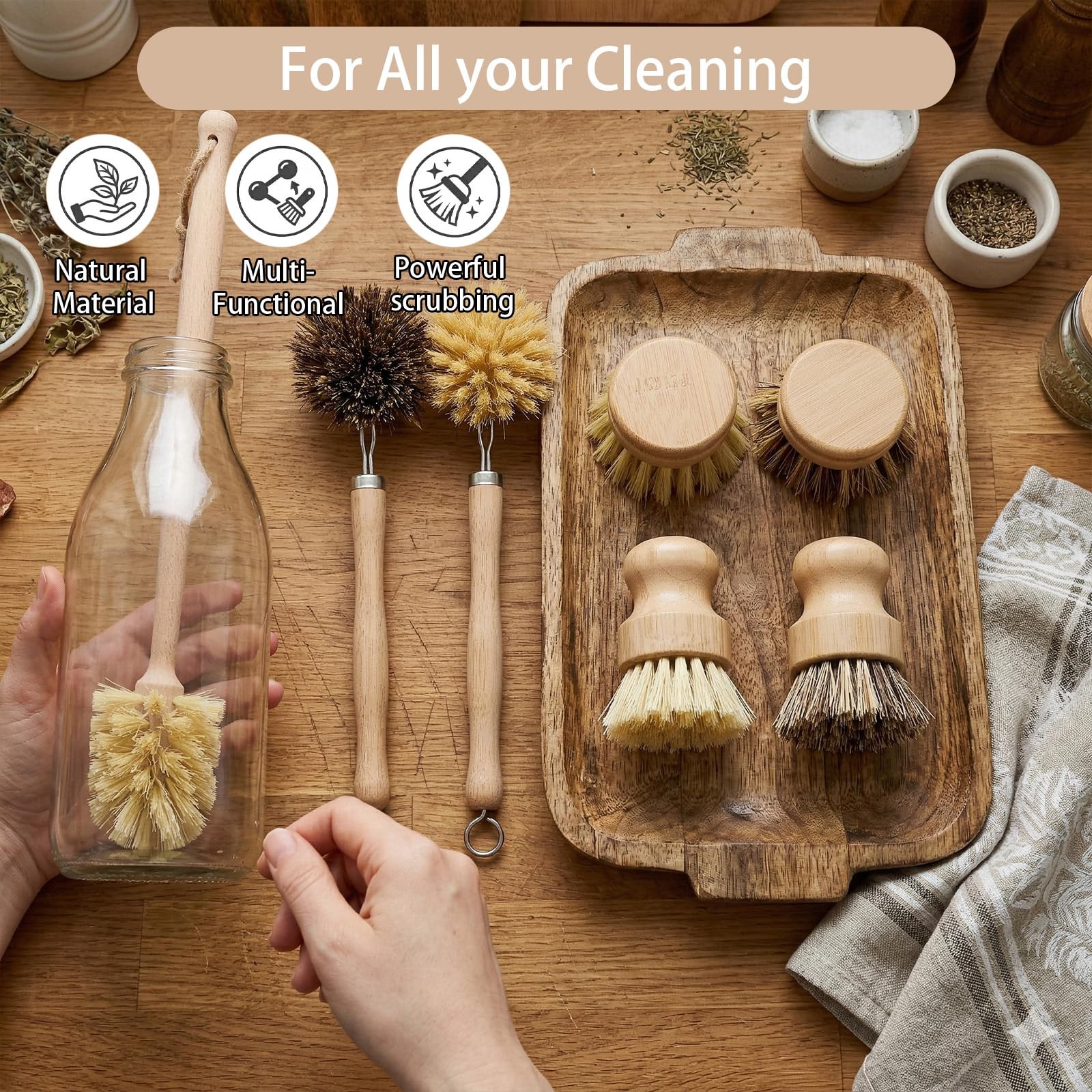 7-Piece Dish Brush Set, Natural Kitchen Scrub Brush Kit with Wooden Handle fo…